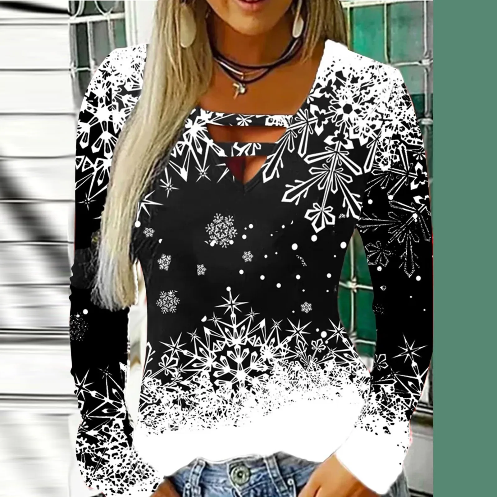 Women Christmas Sexy V neck Hollow Out T-Shirts Spring Autumn Fashion Snowflake Patchwork Long Sleeve Slim Tees Top 2025 Clothes