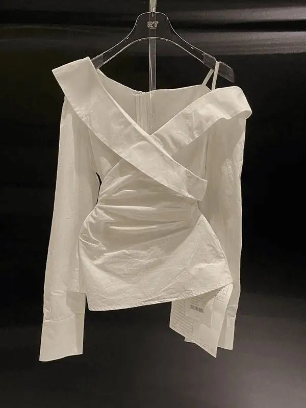 

Женский топ Slim Fit с французскими рукавами, длинными рукавами и открытыми плечами, белый, для ранней весны, новая модель, с эффектом утяжки талии и стройнящим эффектом