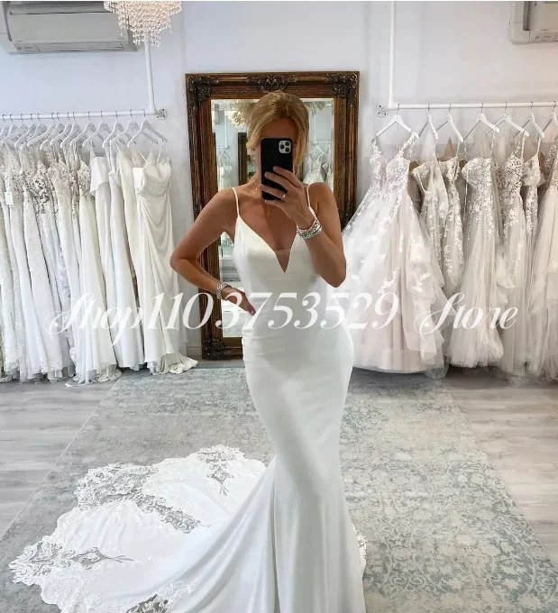 Sexy V-Neck Bridal Gowns 2025 White Backless Fashion Satin Spaghetti Straps Mermaid Long Chapel Train Custom свадебное платье