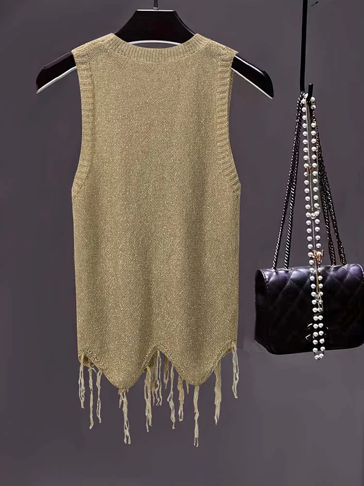 Women's round neck sleeveless tassel design camisole knit vest | Fashionable and versatile women's top, Casual Elegant