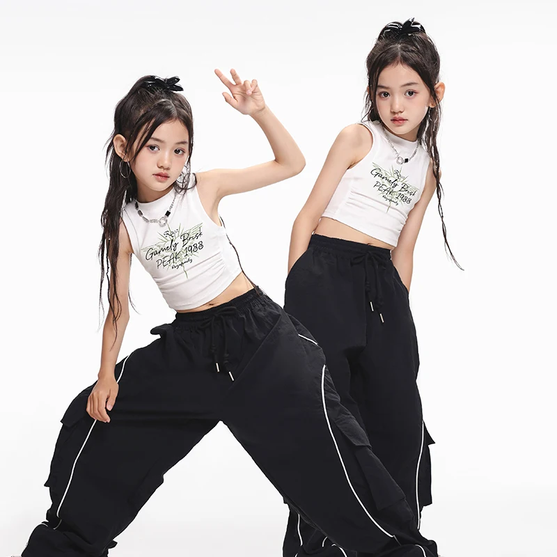 Kids Street Hip Hop Dancing Clothing Crop Tank Tops Cargo Baggy Pants for Girls Jazz Dance Costume Teenage Showing StageClothes