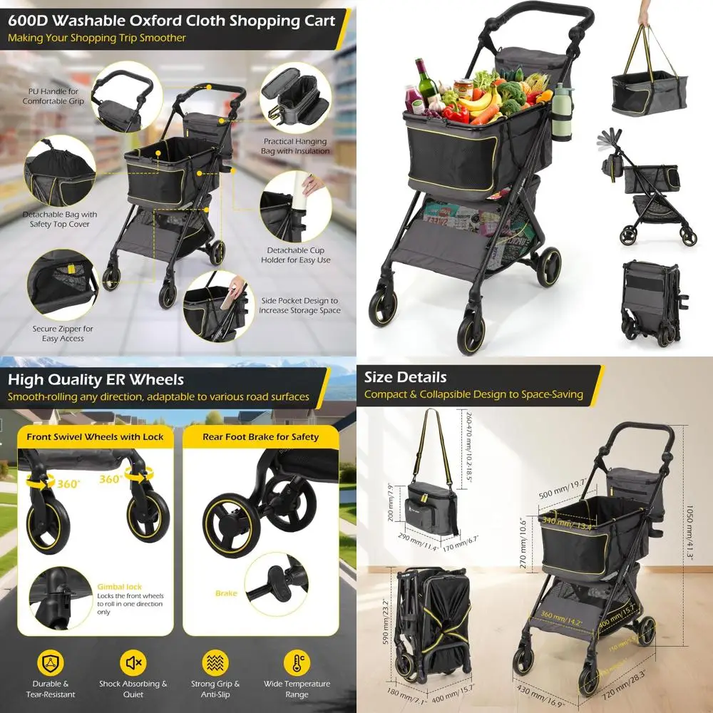 

Складная двухъярусная тележка для покупок с грузоподъемностью 70 фунтов, регулируемой по высоте ручкой, поворотом на 360 градусов ° Поворотные колеса, серые