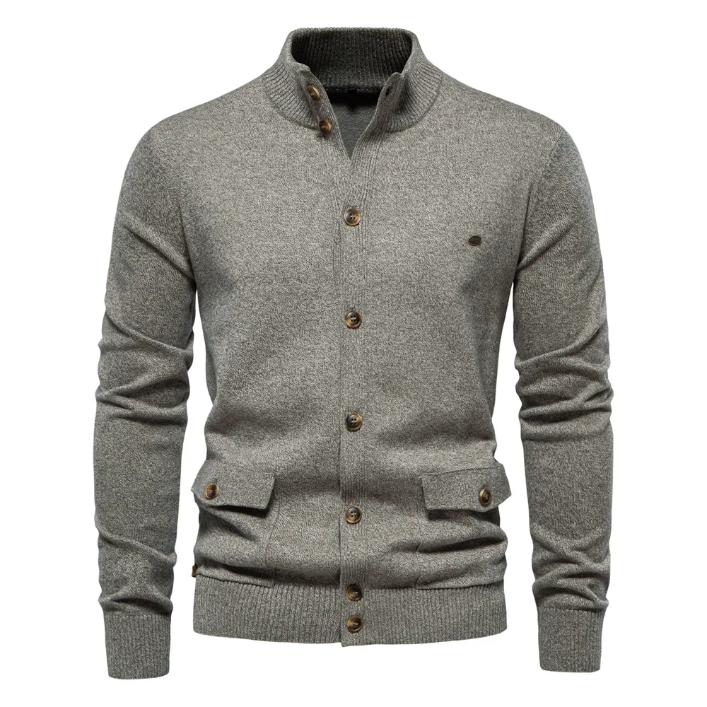 

Turtleneck Men Sweaters Cardigan Single Breasted Knitted Sweater Solid Pockets Loose Slight Strech Outerwear Autumn Basics