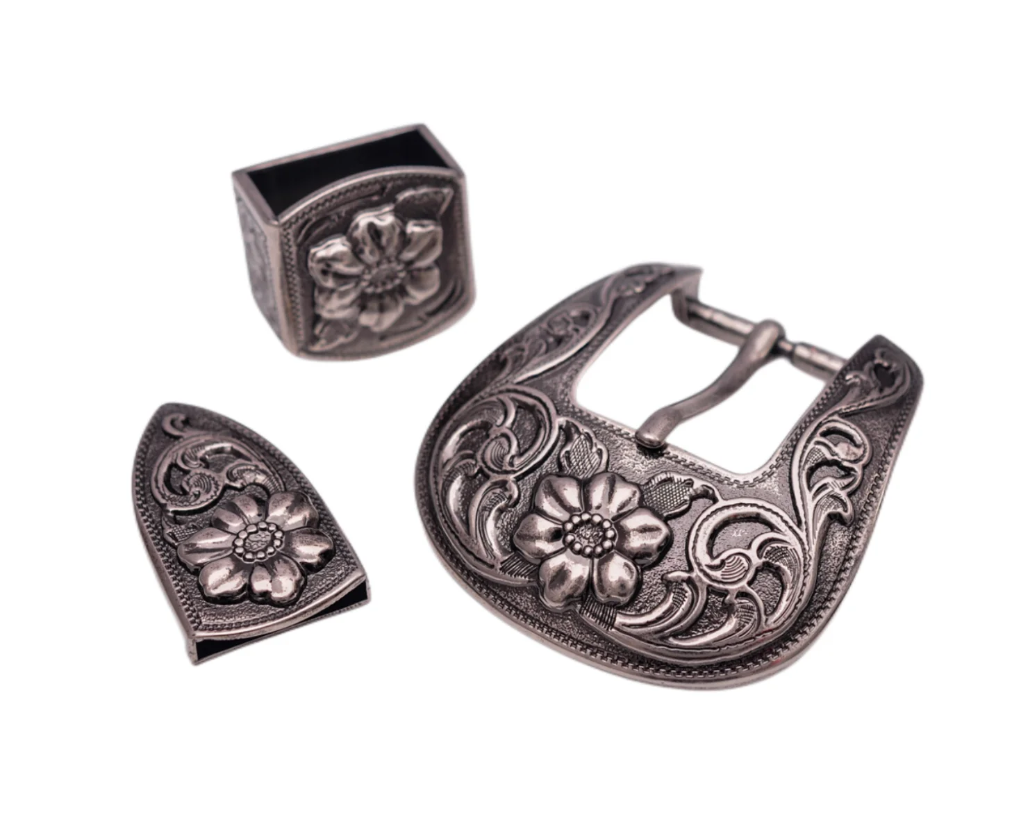 Quality Silver Western Cowboy Cowgirl Rodeo Floral Engraved Leather Belt 3 Pieces Buckle Set Replacement Fit 1" Belt Strap