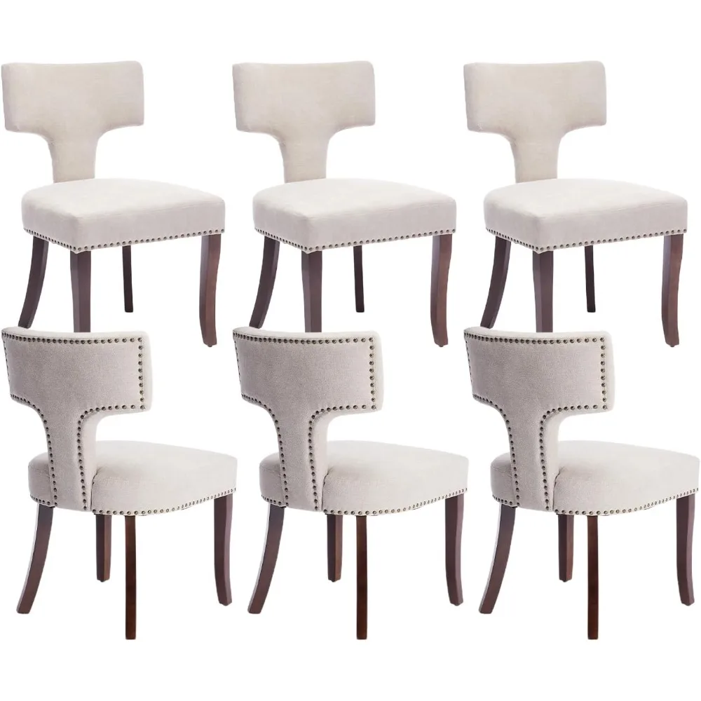 Mid Century Dining Chairs Set of 6, Linen Fabric Farmhouse Dining Chairs, Upholstered Dining Room Chairs Curved Backrest with Na