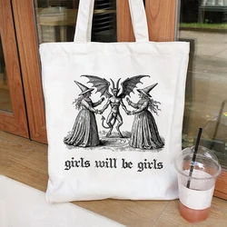 Girls Will Be Girls Witch Tote Bag Vintage Halloween Women Handbag Funny Feminist Ironic Canvas Bags Aesthetic Spooky Witchy