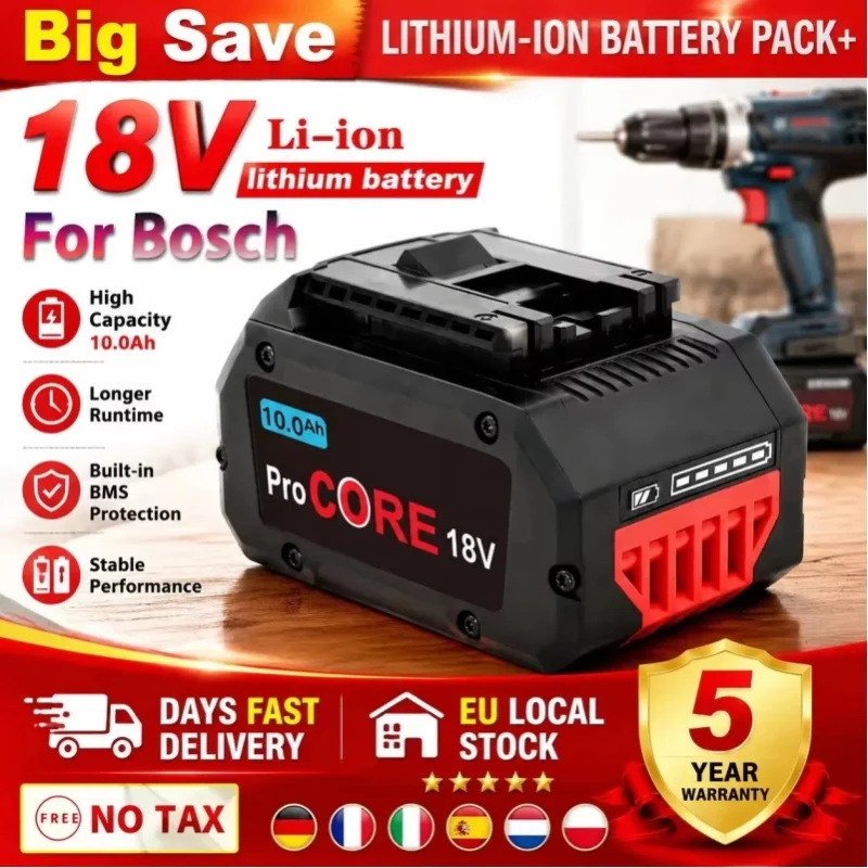 Ersatz-Lithium-Ionen-Akku Typ 21700 mit 10,0 Ah für Bosch 18V ProCORE Elektrowerkzeuge, geeignet für verschiedene Handbohrmaschinen, kompatibel mit BAT609, BAT618, GBA18V8
