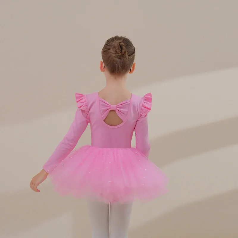女の子用バレエ練習着-コットン長袖レオタード-ブルー-ダンスウェア-キッズ用