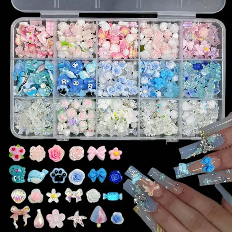 1Box Random Mixed Colorful Flowers Bow Nail Art Decorations Adorable Chick Cat Claw Transparent Shell Nail Charms for DIY Nails