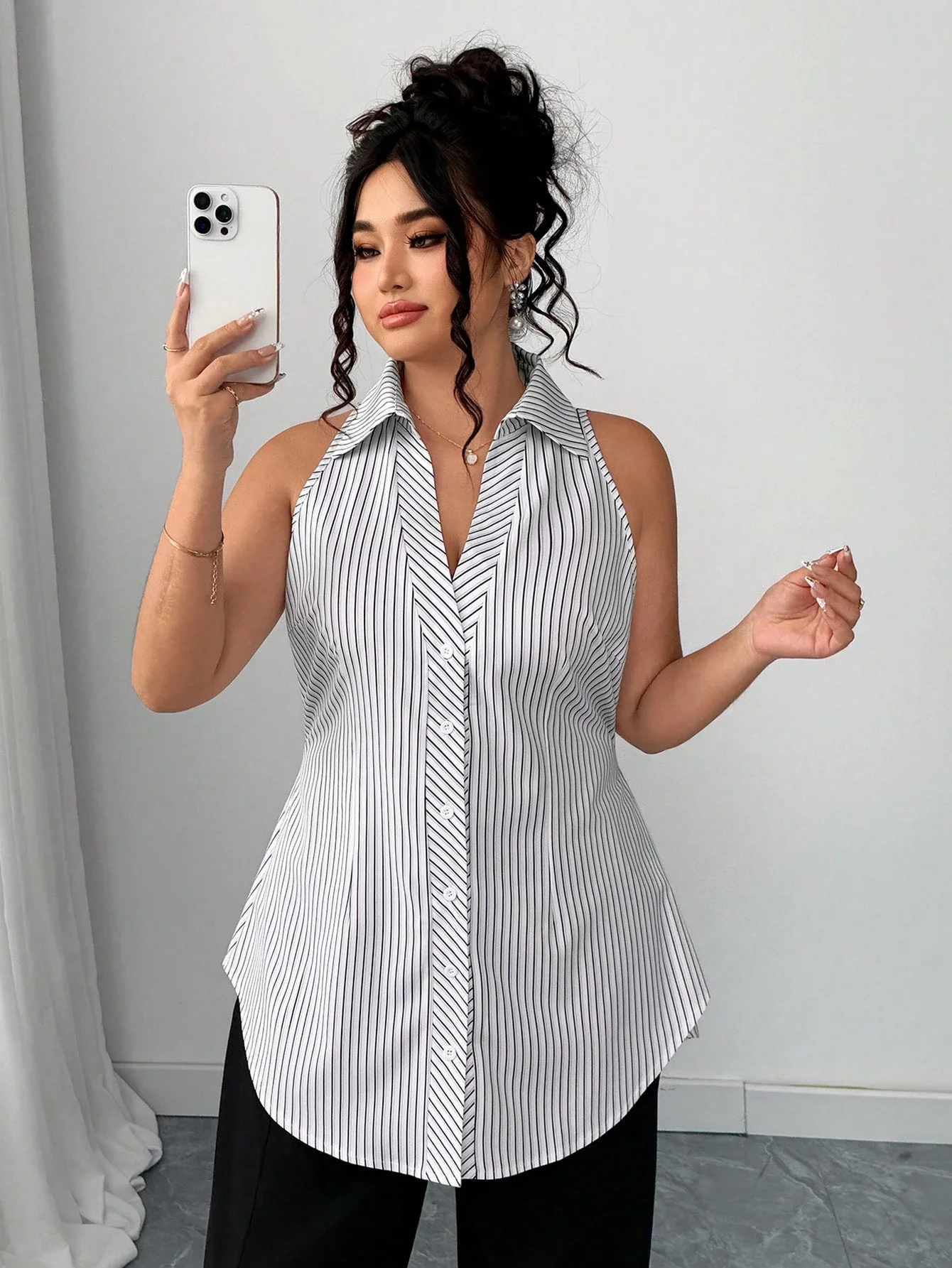 

Женская рубашка больших размеров без рукавов в полоску с пуговицами спереди и зауженным поясом, А-образный подол