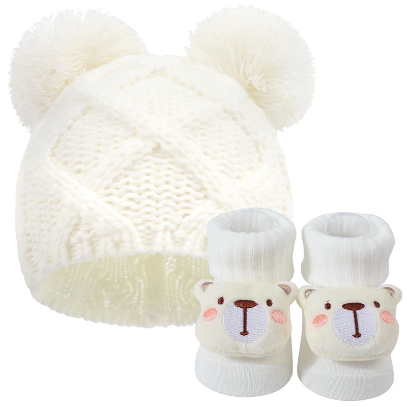 

2Pcs Newborn Baby Wool Knitted Hat Socks Set Pompom Cute Autumn Winter Bonnet for Kids Infant Girls Boys Child Warm Beanie Cap