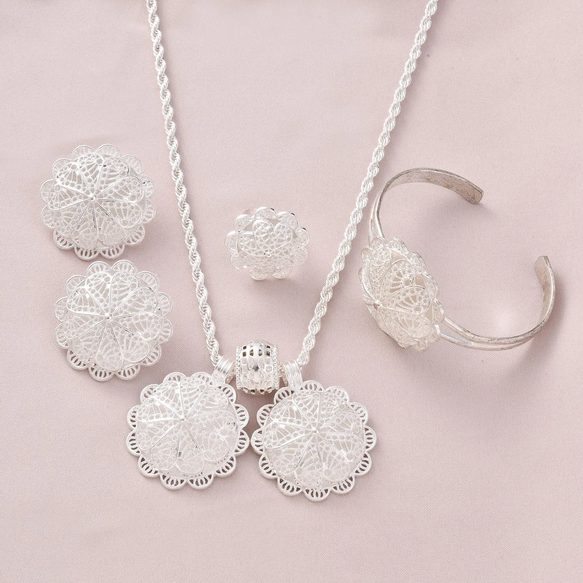 Ethiopian Silver Jewelry Sets Pendant Earrings Ring Bangle 3-Piece/4-Piece Sets African Eritrean Wedding Engagement Gifts #220