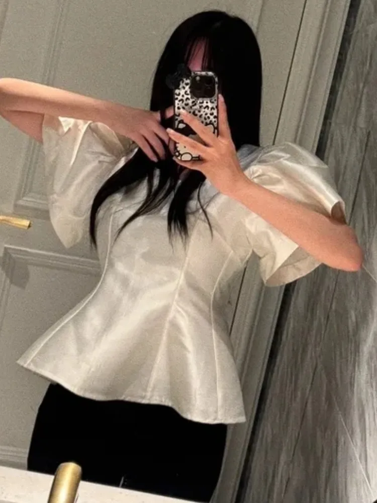 

Ele Silk irt женский летний новый винтажный однотонный универсальный топ с застежкой на талии для различных случаев