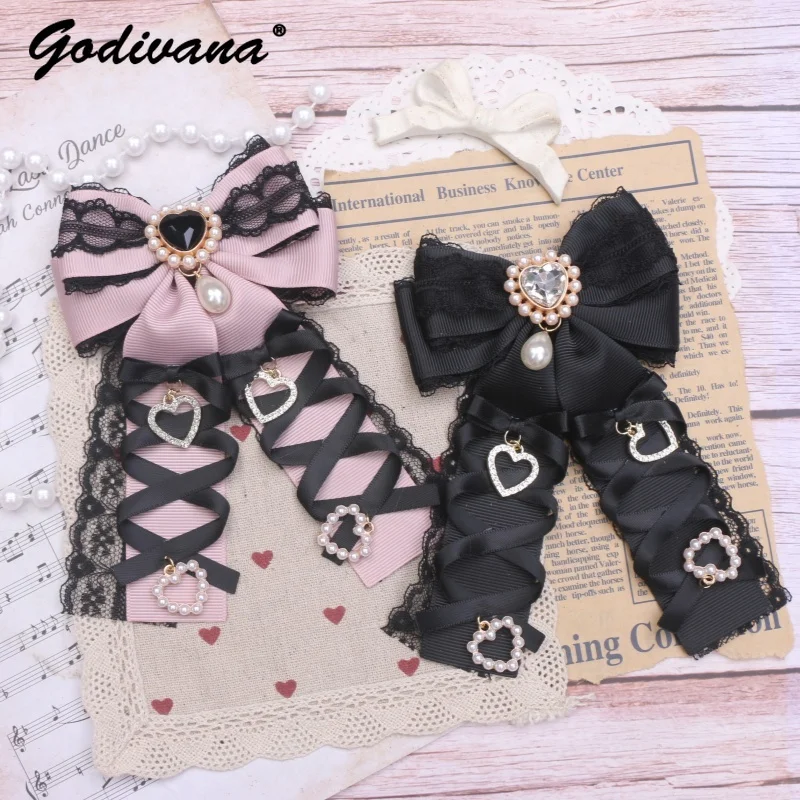 

Handmade Japanese Mine Girls Headdress Cross Streamer Big Bow Lace Edge Hairpin Women's Lolita Hair Accessories Side Clips