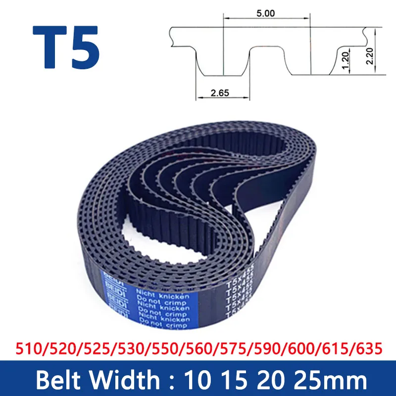 

1PCS T5 Timing Belt Width 10/15/20/25mm Rubber Closed Loop Synchronous Belt Length 510/520/525/530/550/560/575/590/600/615/635mm