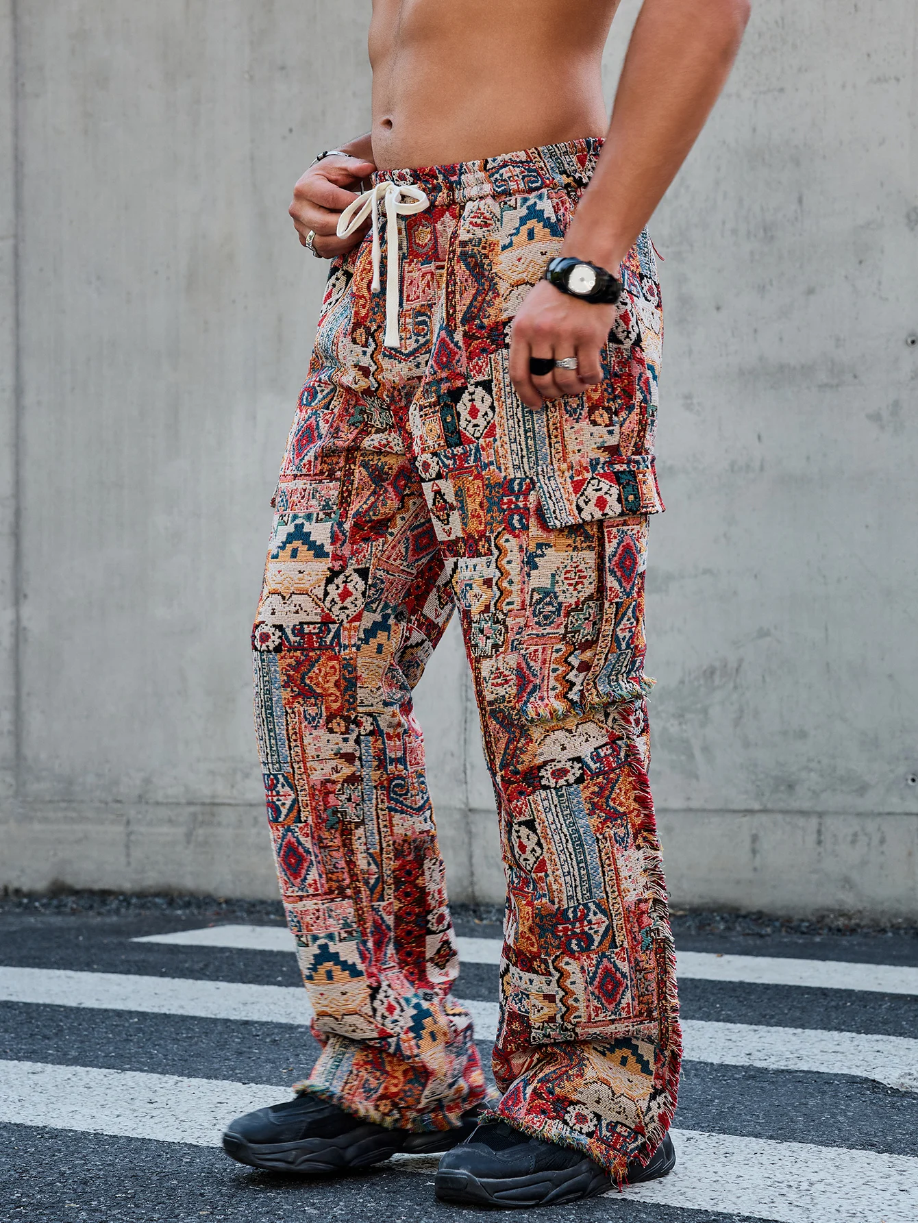 

Men's Retro Ethnic Jacquard Cargo Pants with Multiple Pockets, Loose Trendy Straight-Leg Casual Trousers