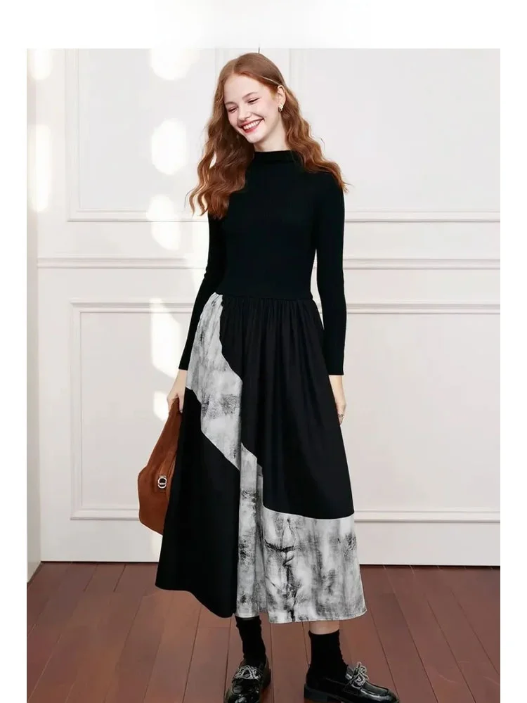 

ZhuoZhi Women's A-Line Long Dress Half High Collar Gradient Splicing Slim Fit Autumn New Style Hepburn Black Commute Dress