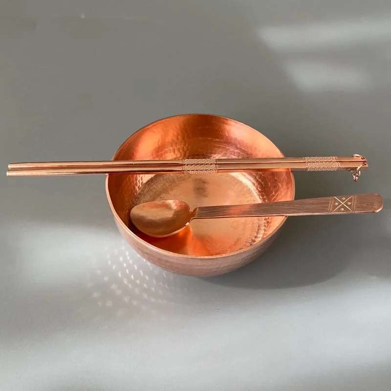 Thickened Red Copper Tableware Set Hand Hammered Copper Bowl Chopsticks Spoon Kit Household Kitchen Dining Utensils