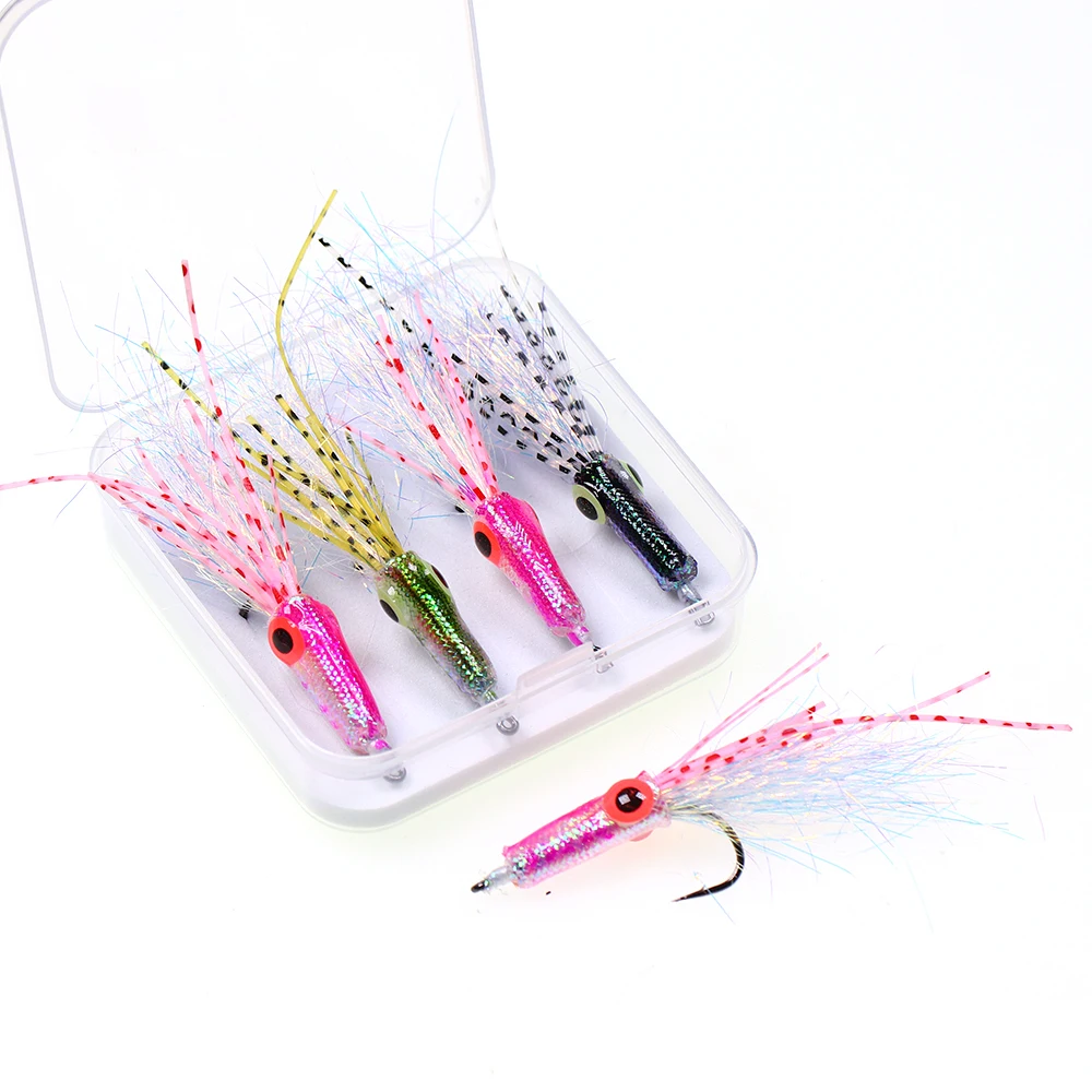 4 piezas/caja # 4 Mini Señuelos de Pesca con Forma de Calamar, Señuelos Artificiales de Agua Salada para Trucha, Lubina, Pechuga, Especies de Pesca Marina, Color Oliva, Negro, Rosa