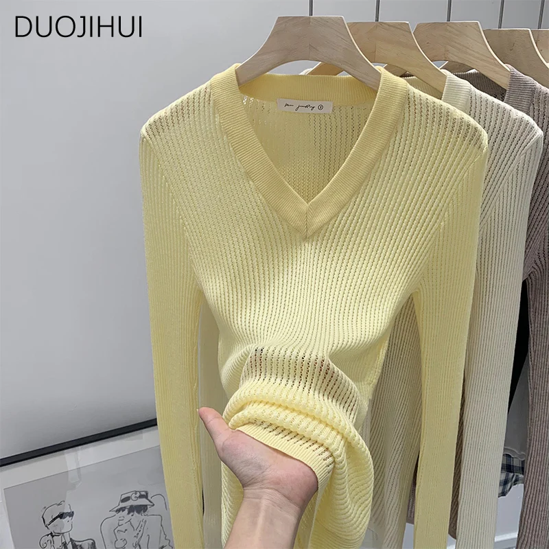 DUOJIHUI Korean Classic V-neck Basic Striped Women Pullovers Ins Autumn New Solid Color Fashion Simple Casual Female Pullovers