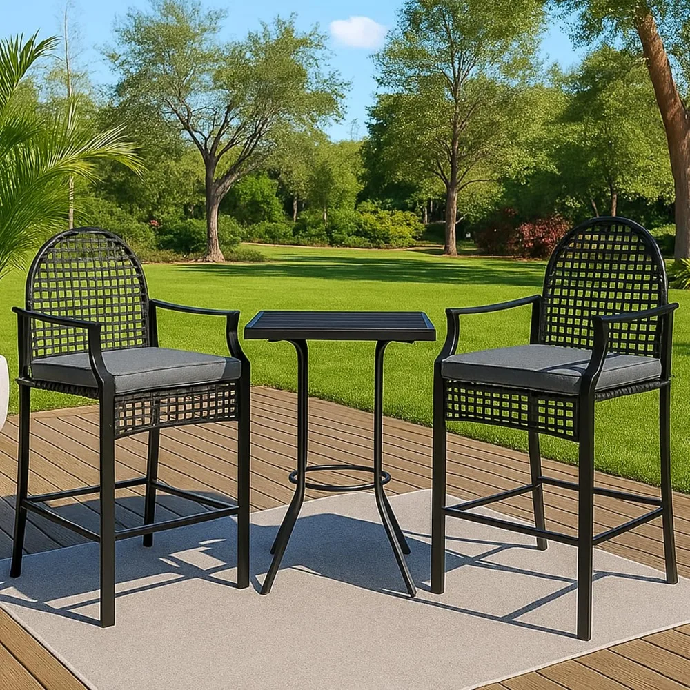 

Outdoor High Stool Bistro Set with 2 Bar Chairs, 3 Piece Patio Bar Table Sets, Wicker Outdoor Bar Set, Steel Frame Patio Bistro
