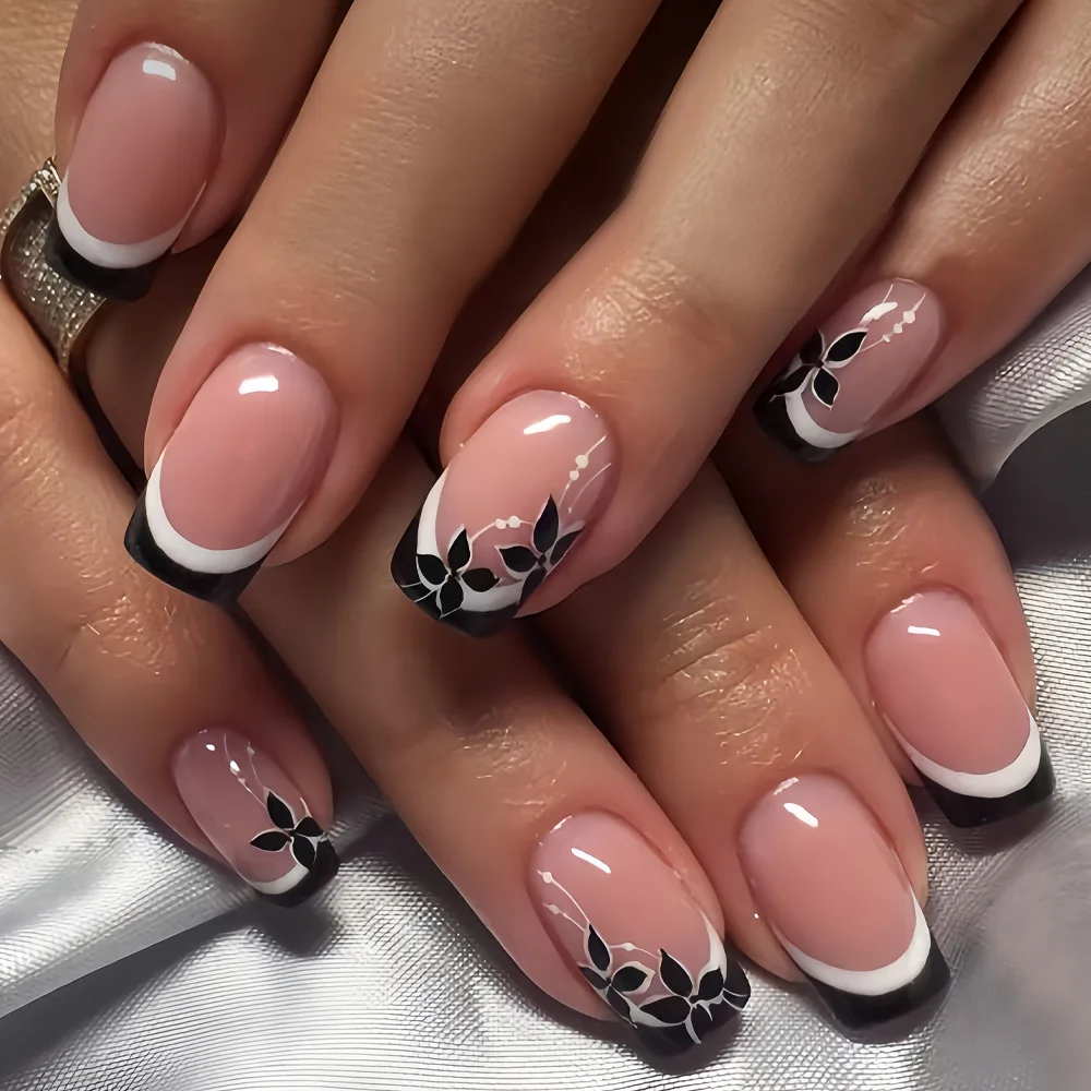 24Pcs Square Head French False Nails Glitter Pink Fake Nail Tips Short Rose Flower Design Press on Nails Art Wearable Manicure