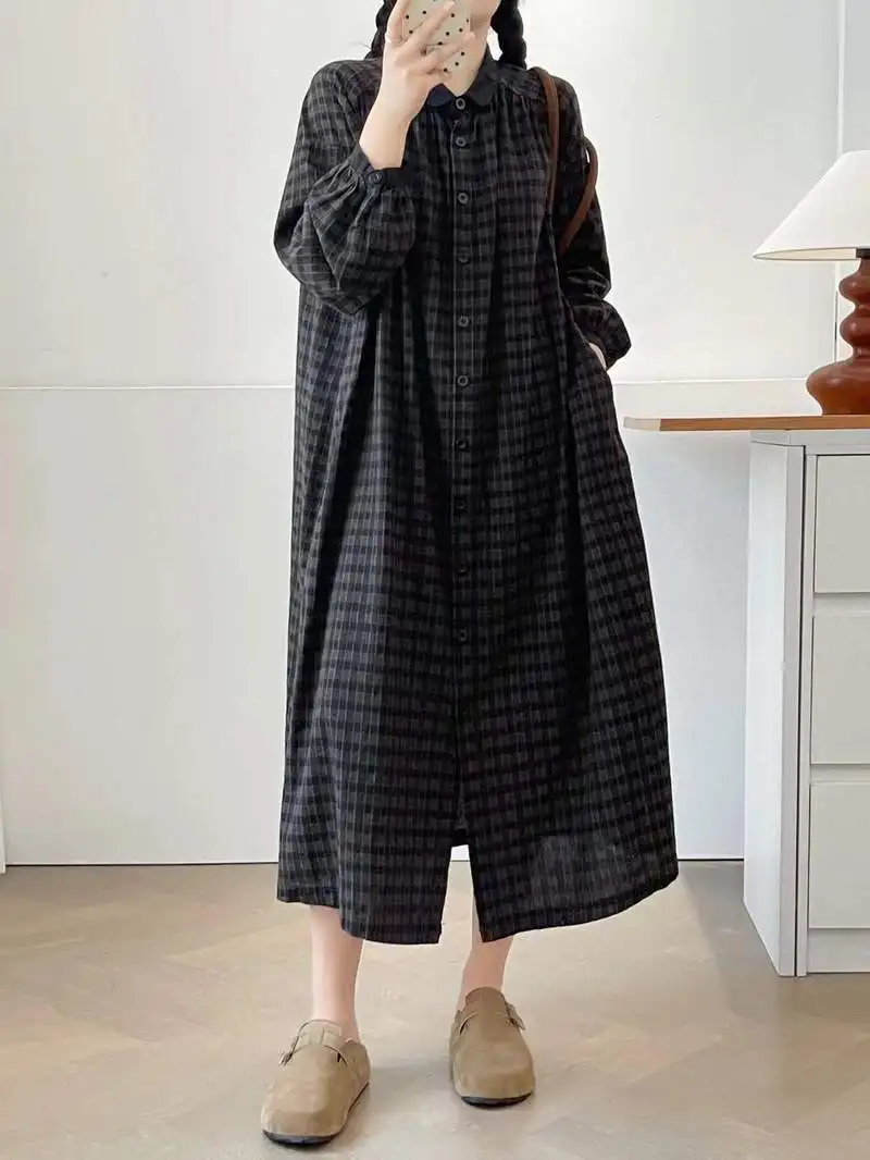 Abito camicia monopetto in cotone scozzese vintage giapponese Mori Girl Abito longuette casual a maniche lunghe con colletto alla coreana autunnale da donna