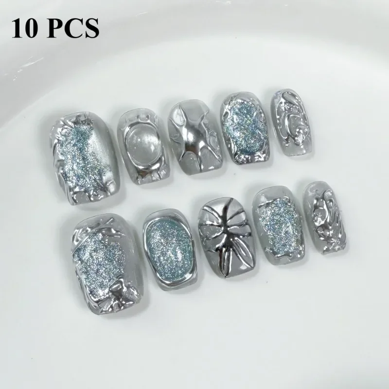 10 قطعة عين القط الأظافر كاذبة قصيرة مربع اليدوية الأظافر وهمية غير النظامية المعادن الصحافة على الأظافر بريق الفضة تصميم الفتيات باردة حلوة #1