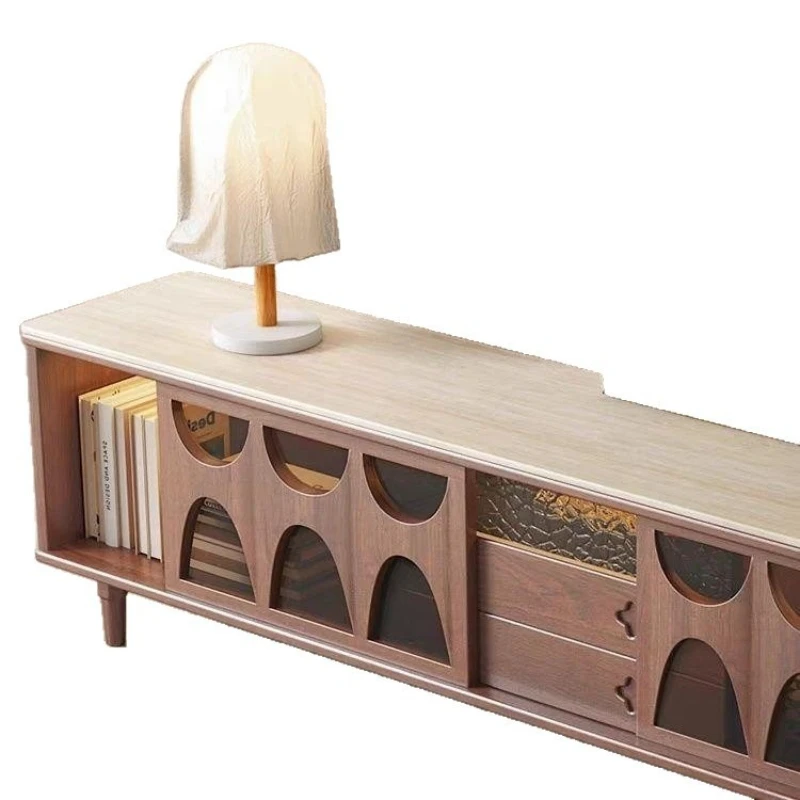French vintage solid wood TV cabinet, living room floor-standing travertine sintered stone storage cabinet