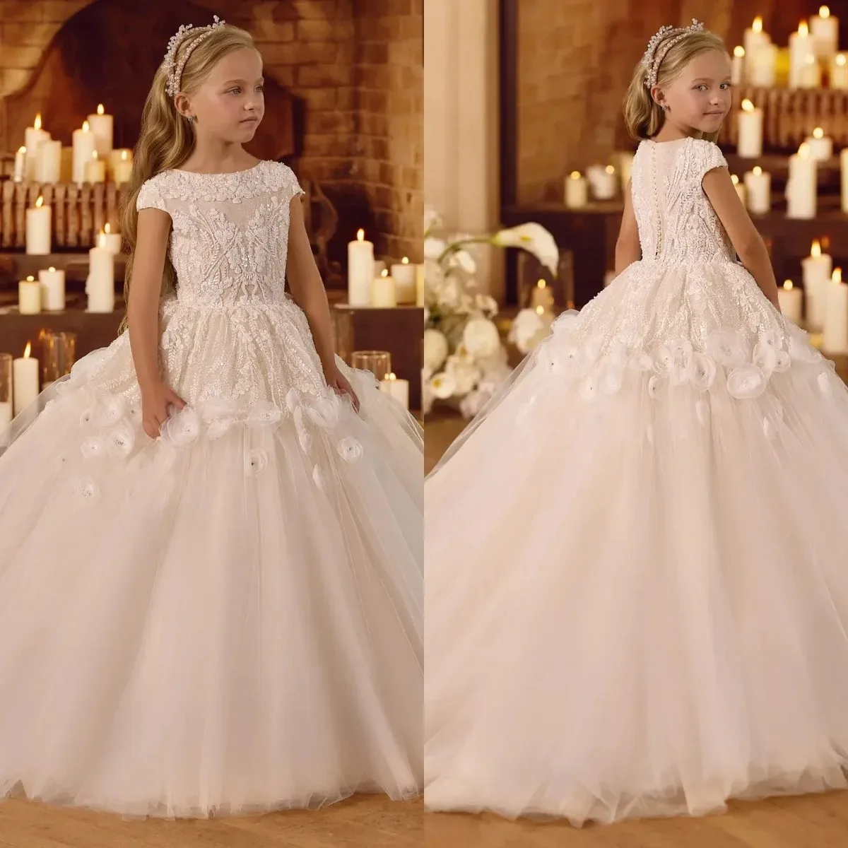 

Customized Flower Girl Dress for Kid Vintage Princess Lace Floral Ribbon Belt Bridemini Bridesmaid Wedding Party Tulle Gown