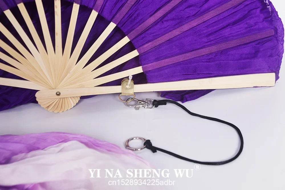1개 실크 부채 + 1개 포이 로프 타이다이 100% 실크 벨리댄스 실크 롱 팬 중국 무용 팬 베일 공연 소품