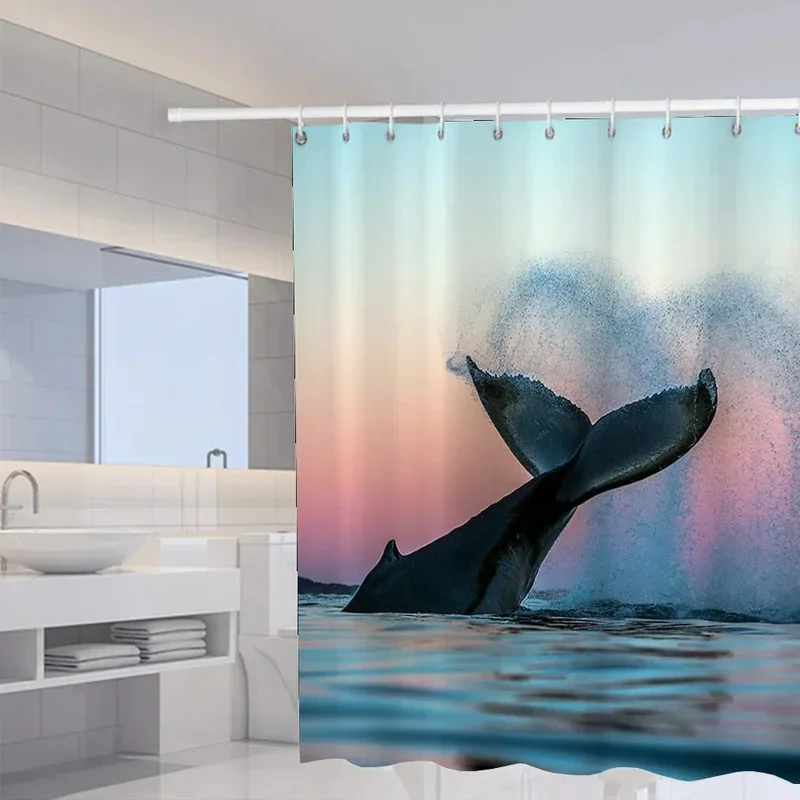 Whale Wave Curtains for Bedrooms Shower Bathroom Curtain Folding Partition Accessories Bath Houses Rooms Quarto Waterproof the