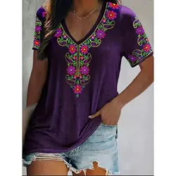 Summer Ethnic Style 3D Print T-shirts Women Vintage Streetwear Casual Short Sleeve V-Neck T Shirt Harajuku Tees Tops Clothing