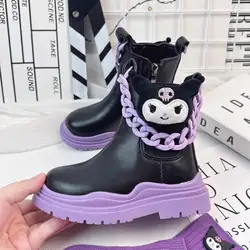 Sanrio Girls' Ankle Boots Kuromi Kawaii Martin Boots Spring and Autumn New Children's Shoes Girls Princess Leather Boots