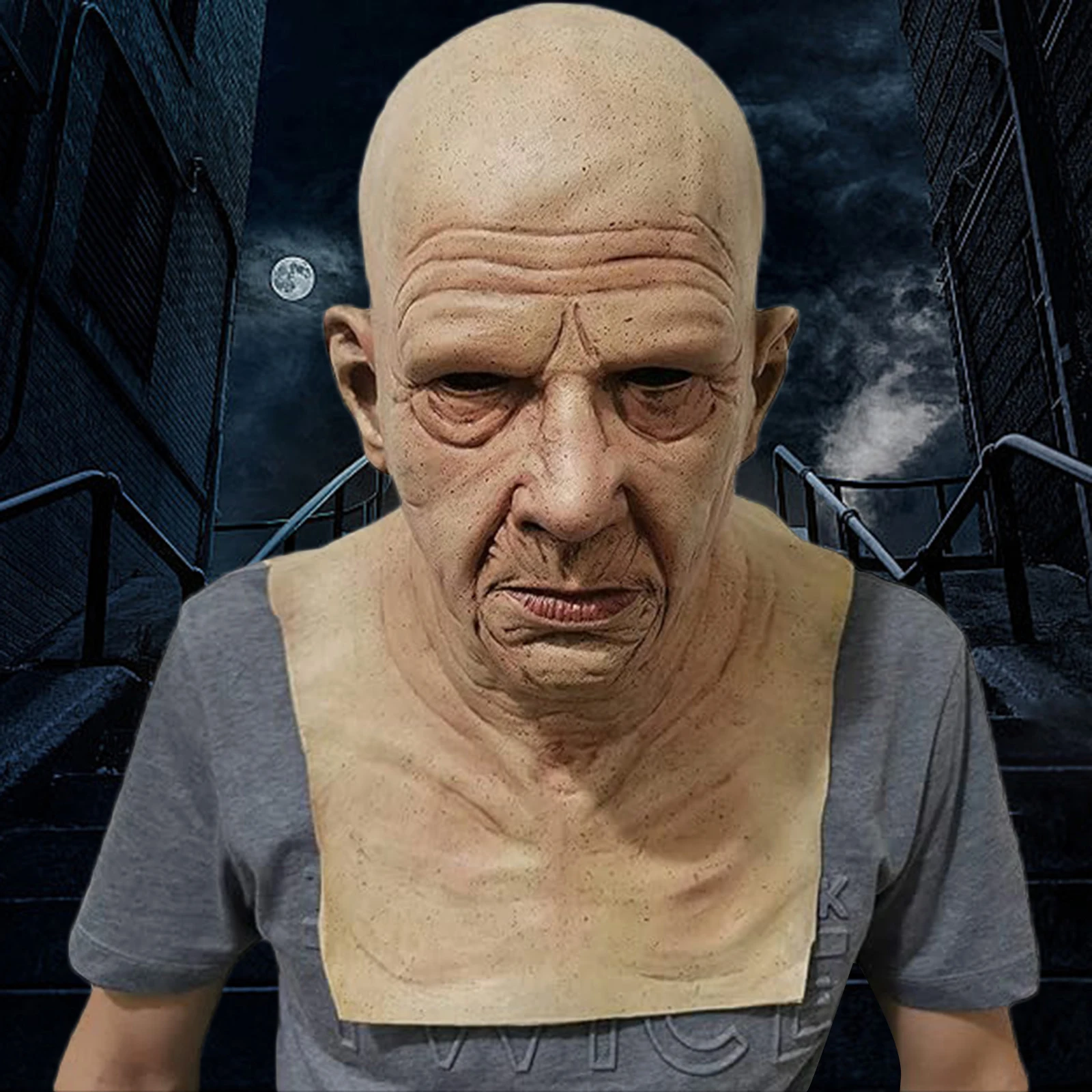 Halloween Realistic Old Man Facewear Portable Full Face Covering Scary Wrinkle Halloween Cosplay Party Props