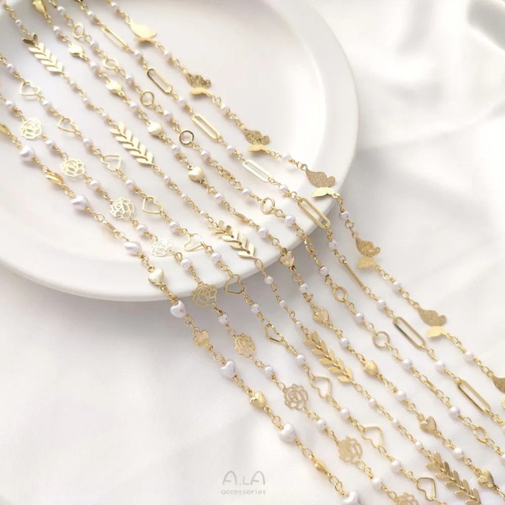 

14K Gold Color Peach Heart Rose Long O Ring Butterfly Separated Pearl Handmade Chain DIY Jewelry Loose Chain