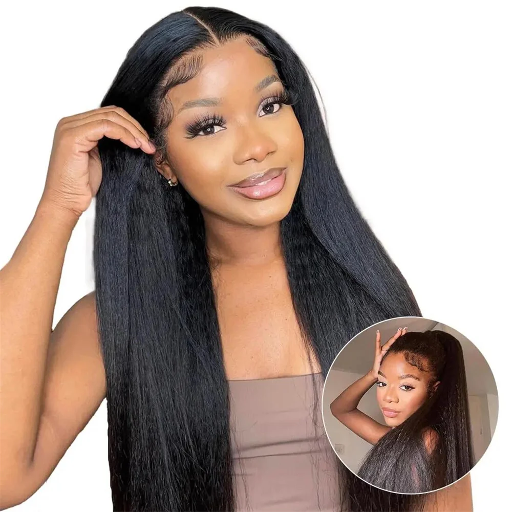 Black Yaki Kinky peruca reta para as mulheres, peruca dianteira do laço macio natural, cabelo do bebê, pré-arrancado, resistente ao calor, 180 Densidade, 26"