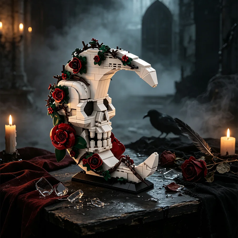 Gothic Moon Skull Building Blocks Kit Horror Crescent Moon Skull and Rose Flower Desk Decor Bricks Toy Adult Gift