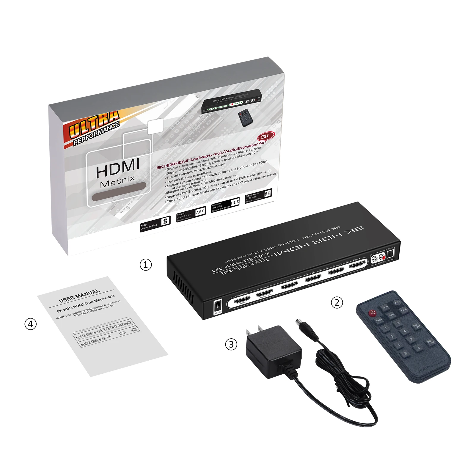 HDMI2.1 Switcher 4 In 1 Out Audio Extractor Dolby Atmos 7.1 Sound Video Matrix 4x2 Splitter for 4K120Hz 8K60HZ PS5 XBOX X 8K TV