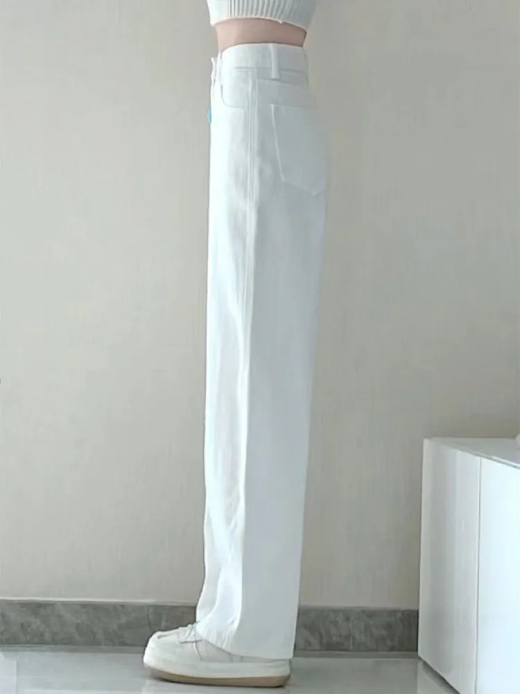 High Waist Wide Leg Straight Cut Jeans Women's Loose Fit White Denim Pants Spring Autumn New Style plus Size Drapey Floor-Length