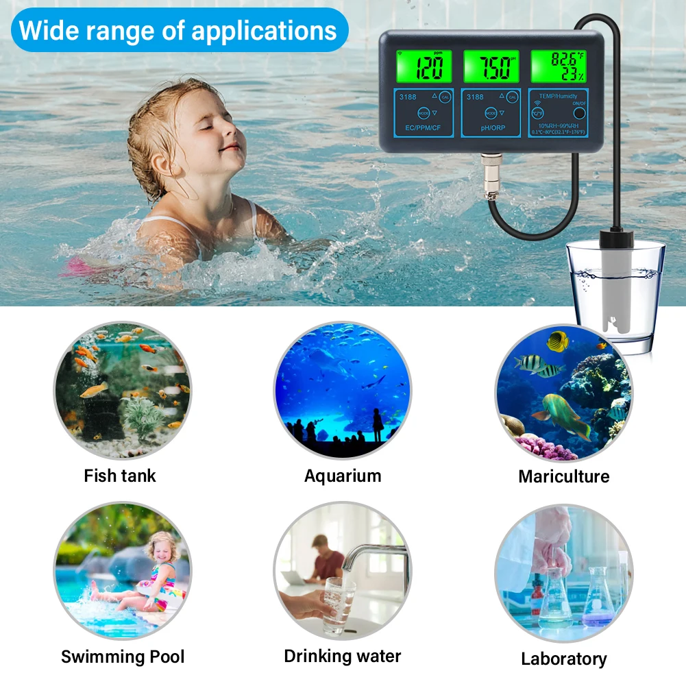 

WiFi 7 in 1 Water Quality Monitor PH ORP EC PPM CFR Humidity Temperature Water Quality Detector Water Tester for Drinking Water