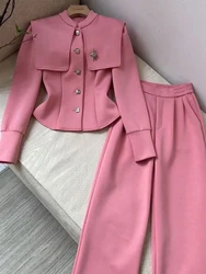 2024 Nuova Primavera 2 Pezzi Set Casual Giacca da Donna Bottoni Cappotto a Vita Alta Gambe Larghe Pantaloni Autunno Moda Due Pezzi Abiti