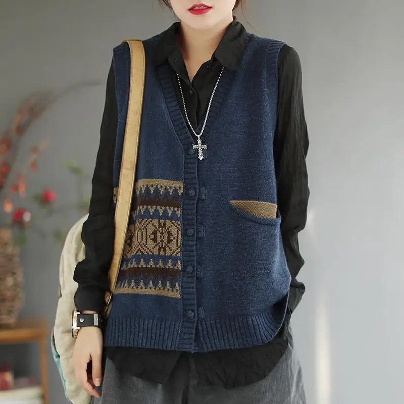 Fashion V-Neck Spliced Button Pockets Casual Vest Sweaters Women\'s Clothing 2023 Autumn Winter Oversized Knitted Commuter Tops