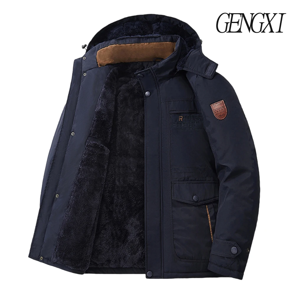 New Autumn/Winter Men's Fleece-Lined Thickened Cotton Coat Casual Vintage Workwear Jacket with Detachable Hood Multiple Pockets