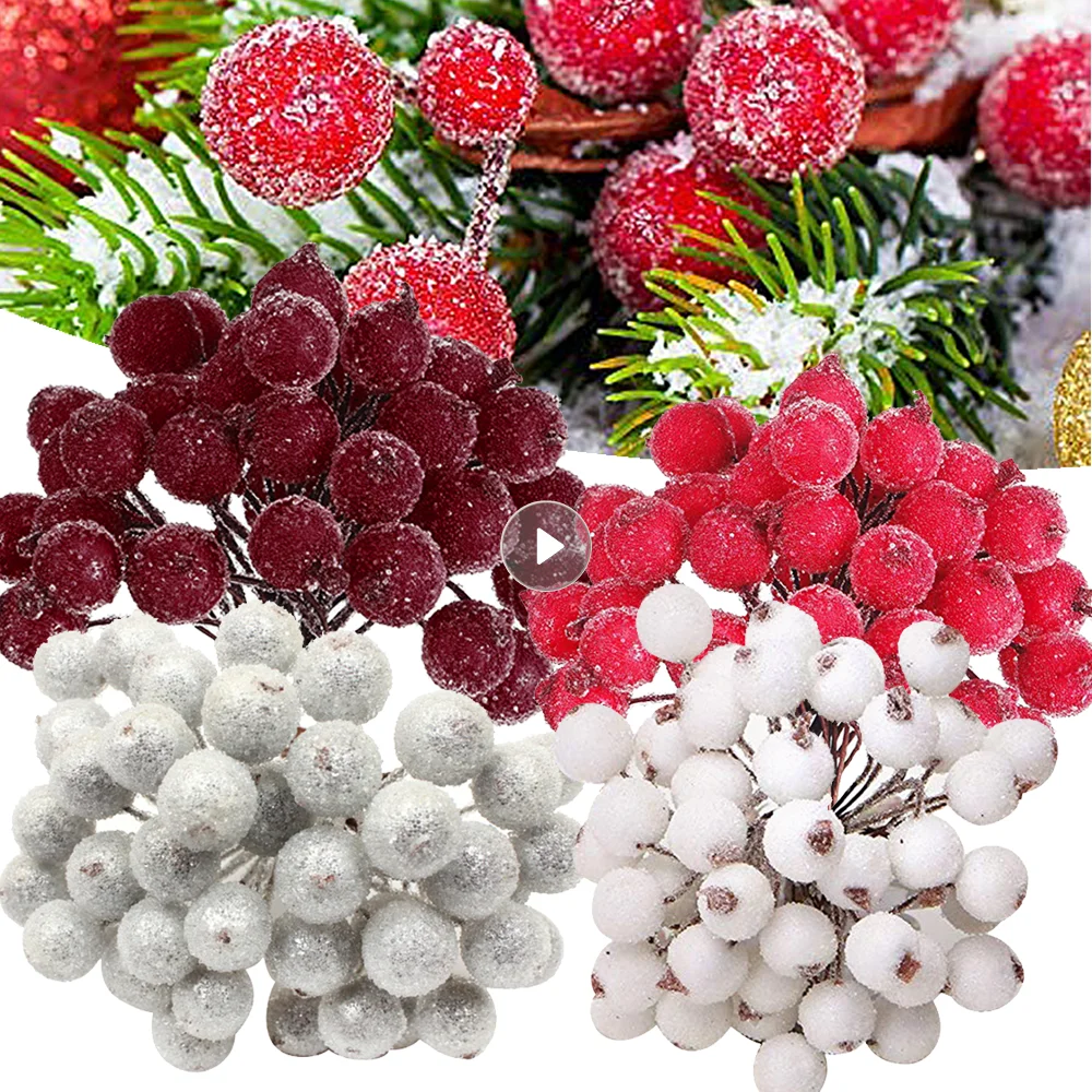 Christmas Red Cherry Fake Fruit Berries Bouquet Stamen Frosted Fruit Berry Home Artificial Decoration DIY Decorative Christmas