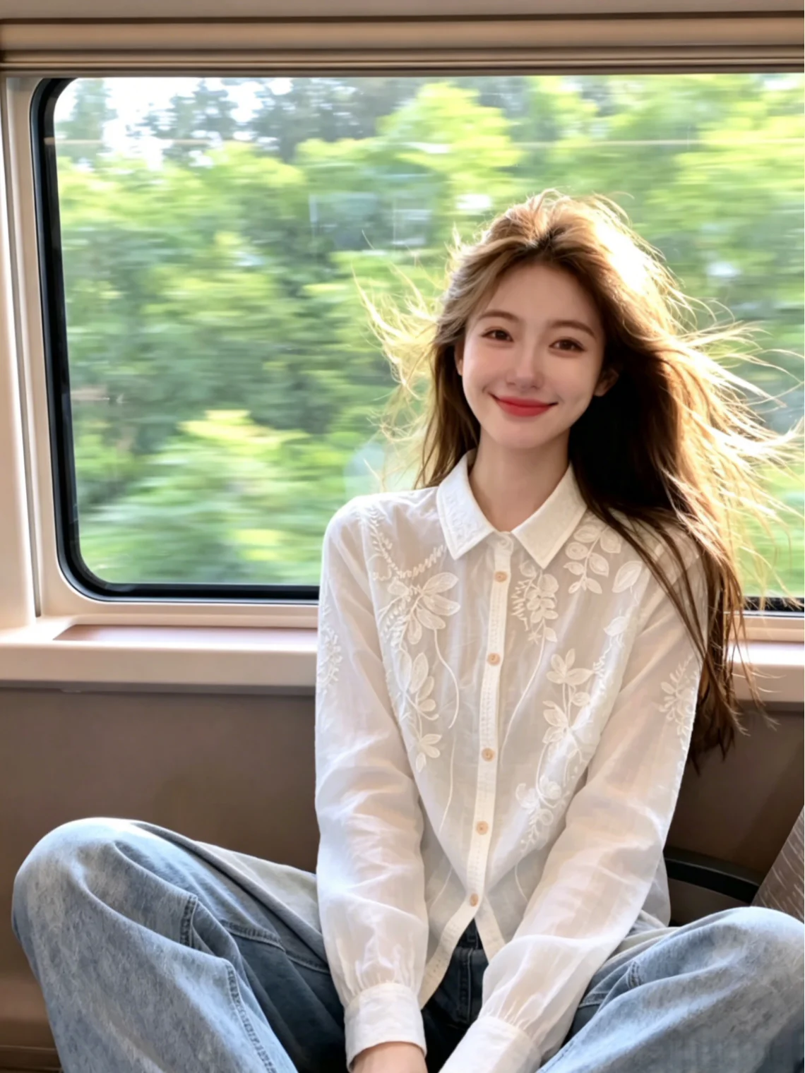 

Summer New Women's Loose Fit Neck Long Sleeve Embroidered Shirt Korean Style Straight Cut Silk Top UV Protection
