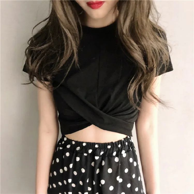 Summer Korean Fashion Y2K T-shirt Woman Pleated Night Club Crop Top Women Japanese Loose Solid Tee Shirt Femme Ladies  Clothes