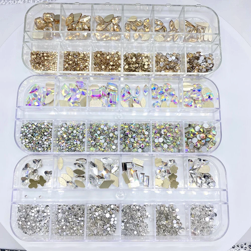 12Gird Box Multi Größe Farbe Flatback Glas Strass Nail art Zubehör Dekorative Kristall Diamant DIY Handwerk Steine – Detail 3