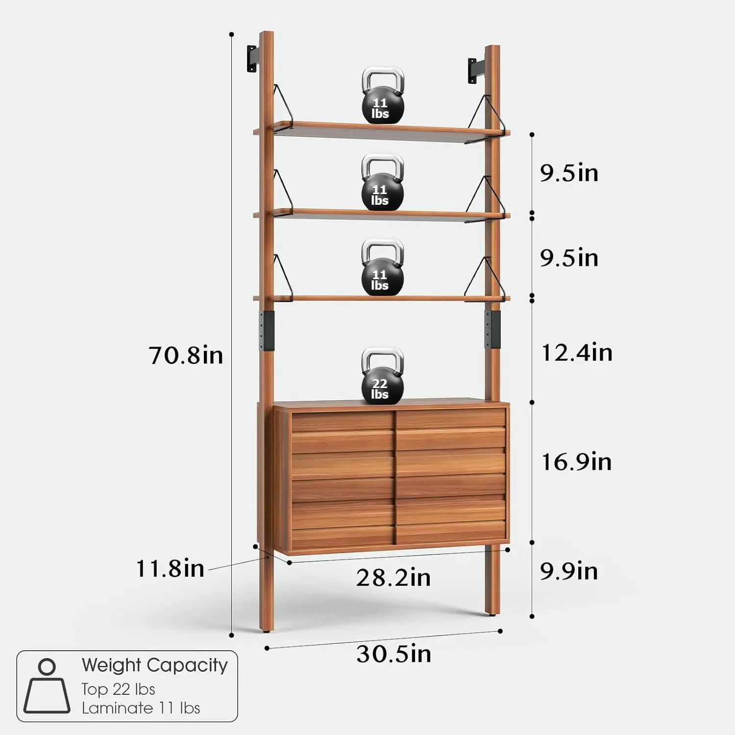 Ladder Bokshelf with Storage Cabnet, Mid Century Modern Wall Mounted Boocase with Wood and Metal Frame, 6 Tier Open Dislay