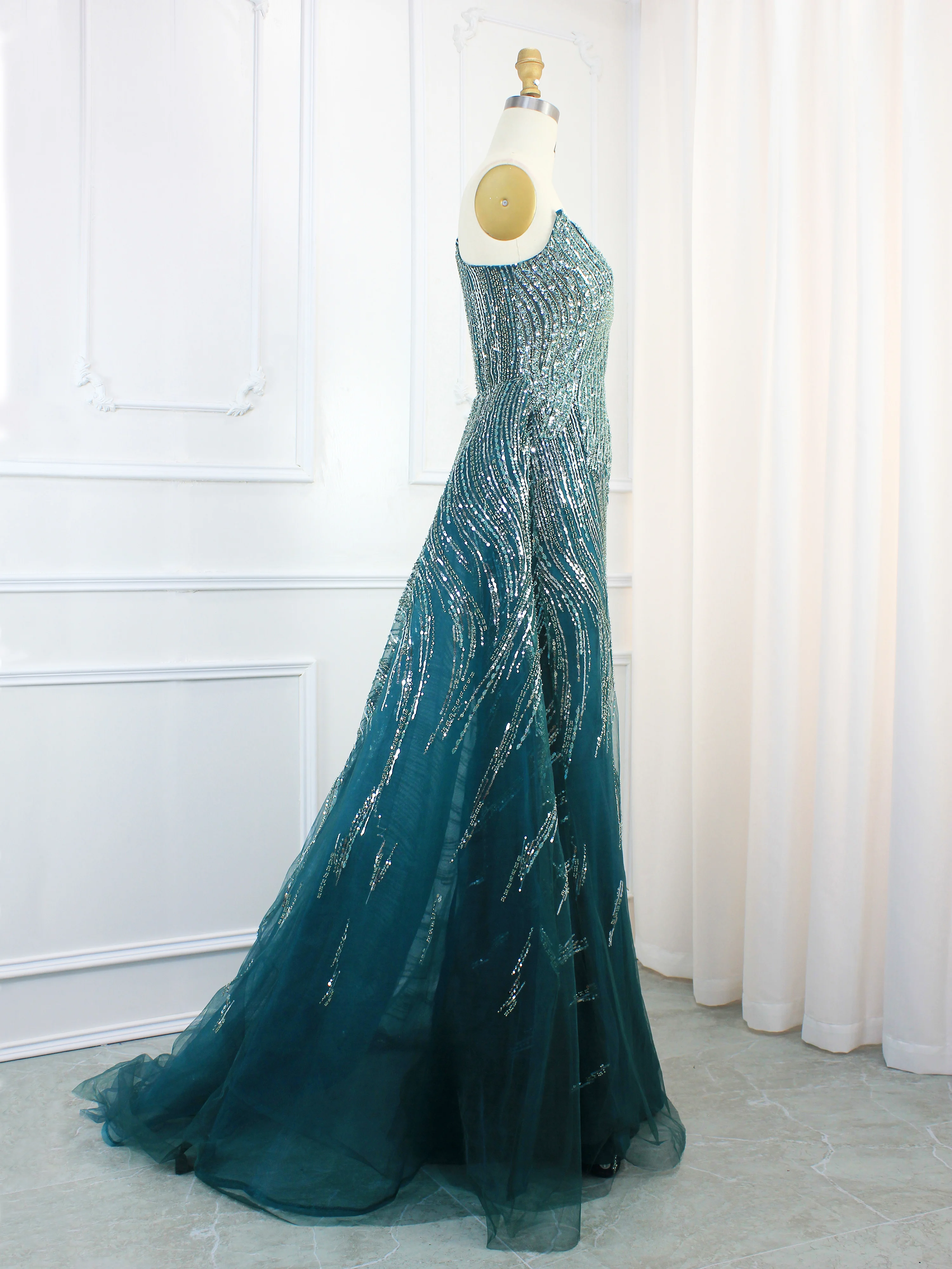 Hot Sale One Shoulder Turquoise A Line Beaded Dubai Evening Dresses With Cape Sleevesness Gowns For Women Wedding Party 2024